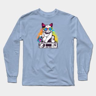 Playful cat wearing sunglasses and holding a boombox Long Sleeve T-Shirt